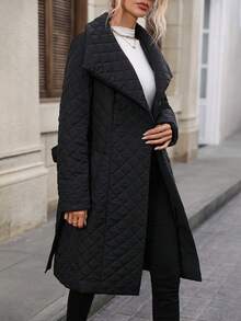 SHEIN Clasi Waterfall Collar Slant Pocket Belted Quilted Padded Coat Clothes Winter - Black - View 5