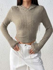 SHEIN EZwear Solid Ribbed Knit Crop Hooded Tee - Coffee Brown - View 3
