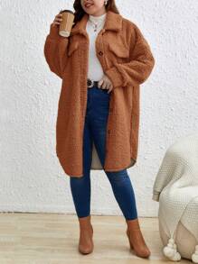 SHEIN Frenchy Hơn Chi tiết về Flap Thả vai Áo khoác Teddy - màu nâu - Xem 7