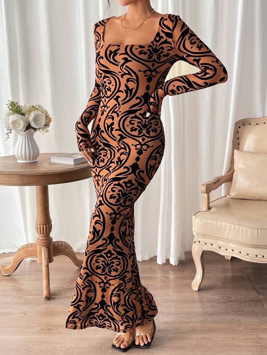Chiquease Vestido ajustado con estampado de cuello cuadrado bajo sirena - Marrón - Ver 1