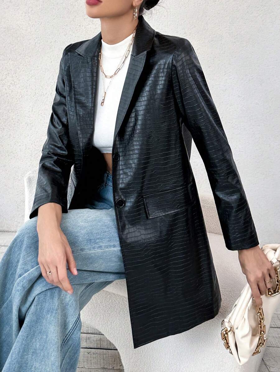 SHEIN Essnce 鱷魚壓紋單排釦PU皮革外套 - 黑色 - 查看 1