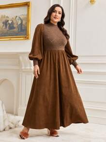 Mulvari Plus Mock Neck Lantern Sleeve Dress - Coffee Brown - View 6