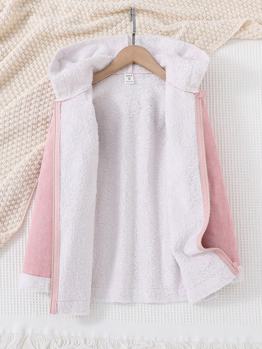 Tween 女童冬季保暖内衬连帽派克大衣，配麂皮外层 - 粉色 - 查看 1