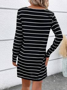 SHEIN LUNE 條紋和豹紋口袋貼布條紋圖案T恤洋裝 - 黑色 - 查看 2