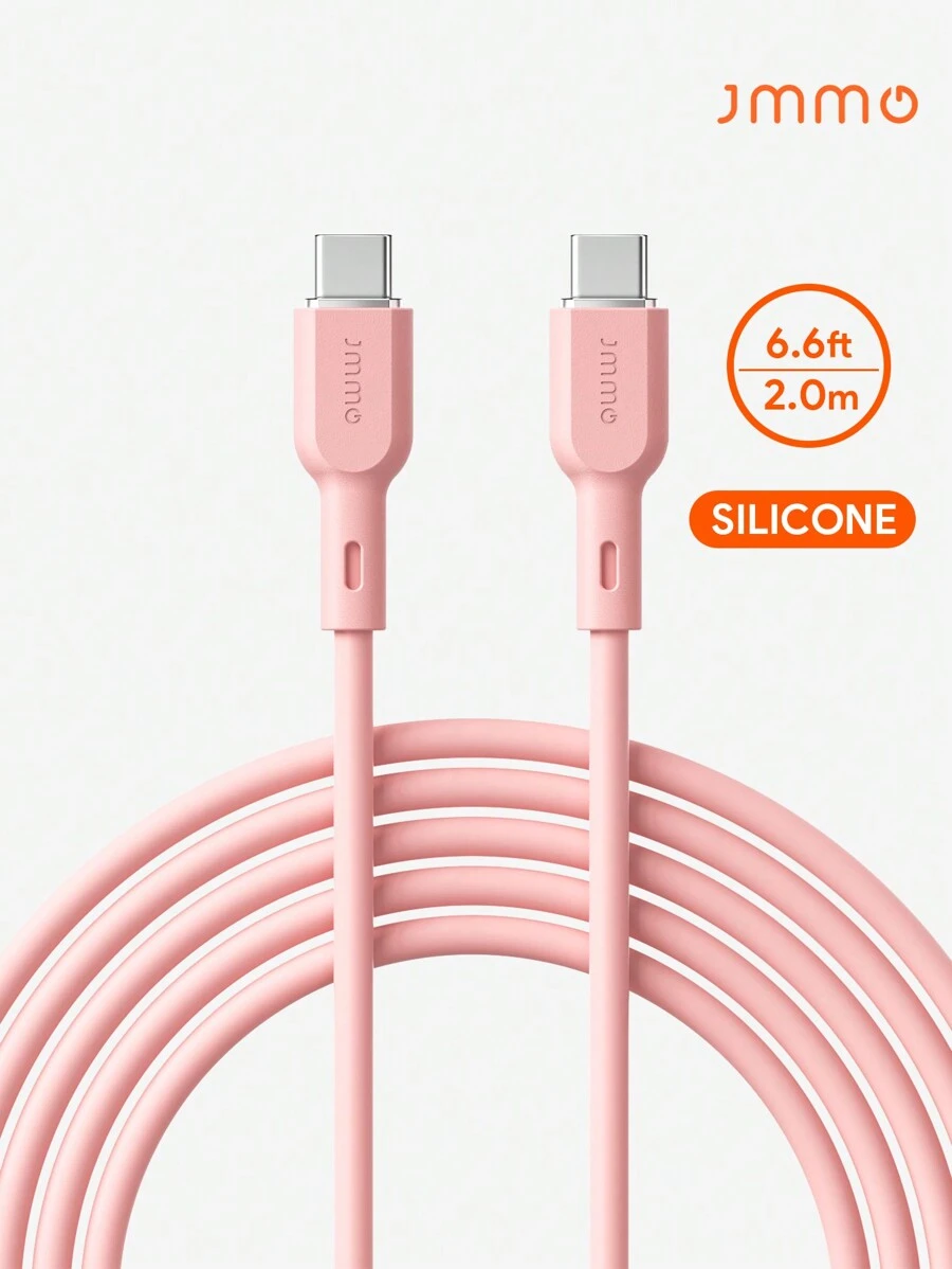 JMMO Type-C 型数据线，硅胶 USB Type-C 转 USB Type-C 充电器数据线，硅胶超柔软电源快速充电 6.6FT/2M 圣诞礼物，秋冬必备品 - 粉色 - 查看 1