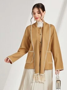 Modelyn Contrast Binding Dual Pocket Tassel Trim Button Front Coat - Khaki - View 3