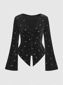 ROMWE Hippie Galaxy Print Flounce Sleeve Velvet Top - Black - View 1