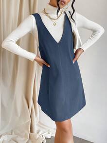 SHEIN EZwear Chất rắn Đầm Tổng thể Không có áo len - Màu xanh lam - Xem 6