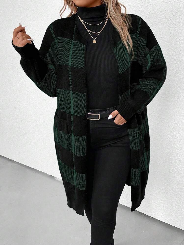 Plus Buffalo Plaid Pattern Drop Shoulder Duster Cardigan, For Winter Fall Cloth For Women