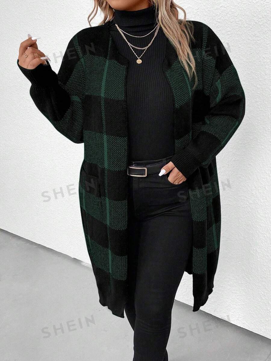 EMERY ROSE Große Größen Karierter Buffalo Muster Dropped-Shoulder Strickjacke, für den Winter - Verschiedenfarbig - Übersicht 1