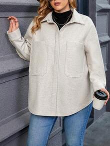 Calvaya Plus Drop Shoulder Pocket Patched Overcoat - Apricot - View 3