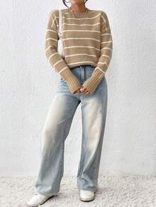 SHEIN Unity 条纹图案落肩针织套头衫秋冬毛衣 - 卡其色 - 查看 6