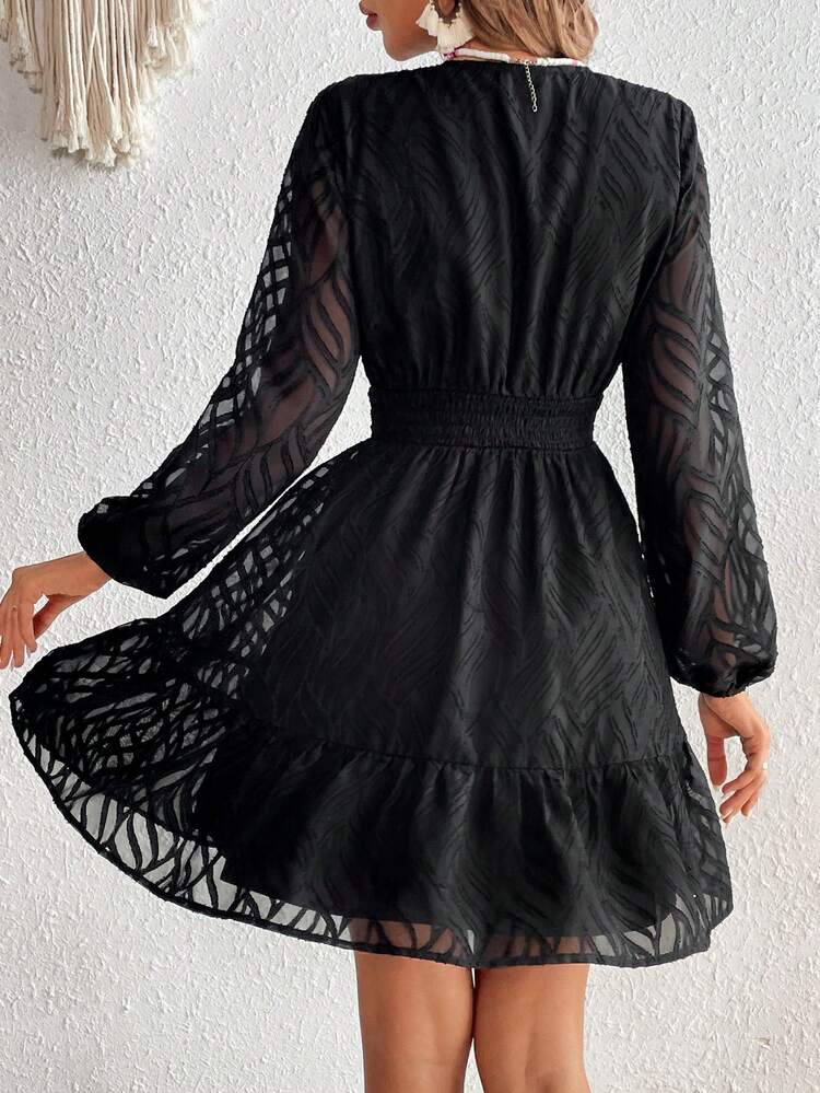Guipure Lace Insert Lantern Sleeve Ruffle Hem Dress