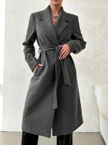 EURMUSE Lapel Neck Double Breasted Belted Overcoat - Grey - View 1