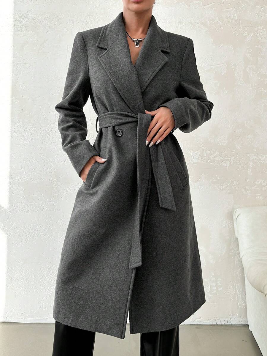 EURMUSE Lapel Neck Double Breasted Belted Overcoat - Grey - View 1