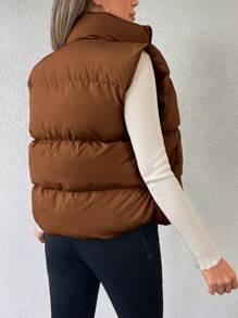 RueChic Zip Up Drawstring Puffer Vest Coat - Brown - View 4