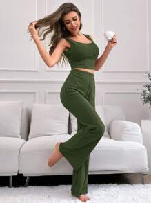 3入組/套女士們素色家居服套裝 - 綠色 - 查看 6