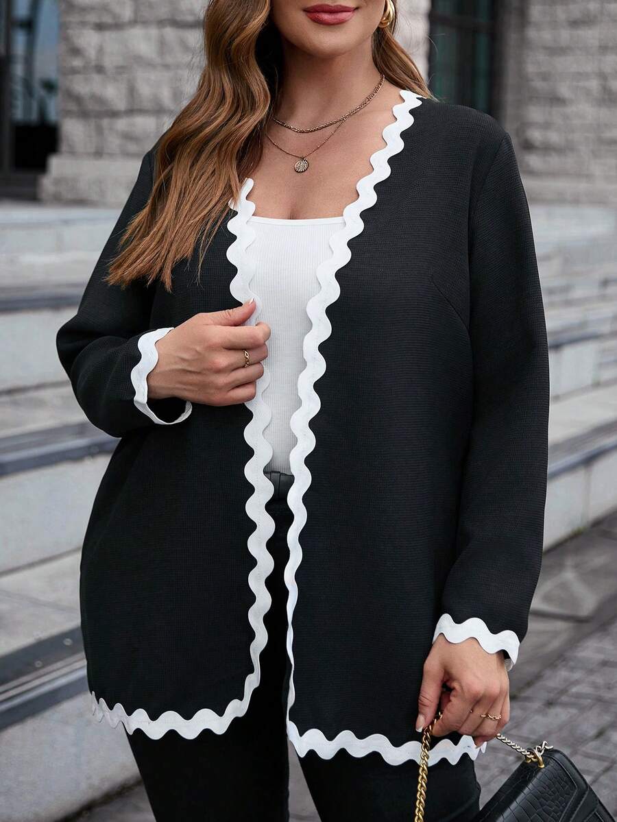 SHEIN Clasi 大碼拼接邊開門襟外套 - 黑與白 - 查看 1