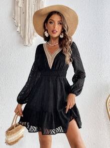 SHEIN VCAY 水溶蕾絲拼接燈籠袖荷葉邊洋裝