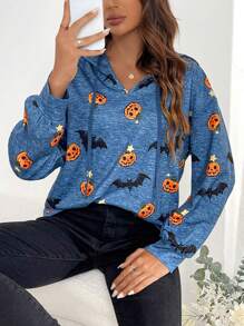 SHEIN LUNE Bản in Halloween Thả vai Dây rút Hoodie - Màu xanh hải quân - Xem 6