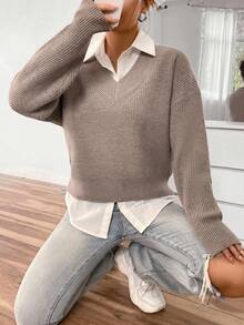 SHEIN Unity Suéter holgado y casual de cuello en V de manga larga para mujer, otoño/invierno - Camel - Ver 5