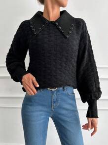 EURMUSE Pearls Beaded Lantern Sleeve Sweater - Black - View 1