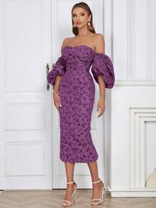 Off Shoulder Lantern Sleeve Split Back Bodycon Dress - Purple - View 5