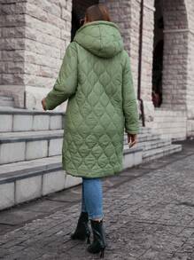 SHEIN CURVE+ Curve Plus 拉链连帽绗缝大衣，冬季 - 軍綠色 - 查看 2