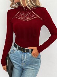 SHEIN Clasi Contrast Lace Mock Neck Tee - Burgundy - View 3