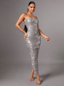 SHEIN BAE Women's Metallic Fabric Strapless Dress - Grey - View 7