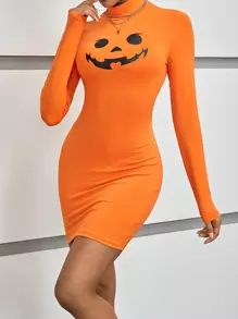 SHEIN EZwear Bản in Halloween Cổ giả Váy bodycon - trái cam - Xem 1