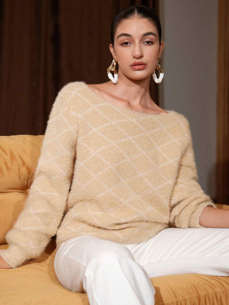 Boat Neck Geo Pattern Fuzzy Knit Pullover Fall Winter Sweater