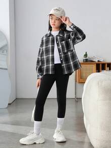 SHEIN 女大童格紋印花字母圖案落肩袖襯衫 - 黑與白 - 查看 2