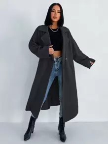 EURMUSE Lapel Neck Double Breasted Drop Shoulder Overcoat - Dark Grey - View 1