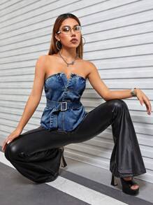 SHEIN ICON 金屬扣環腰帶牛仔抹胸上衣 - 深色水洗藍 - 查看 5