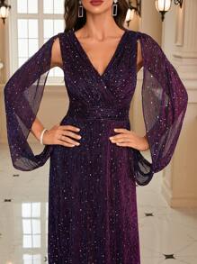 Split Sleeve Sequin Prom Dress - Purple - View 3