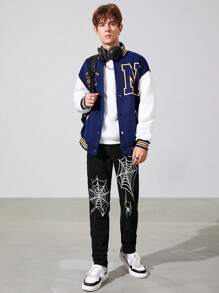 SHEIN Teen Boy Spider Web Print Straight Leg Jeans - Black - View 6