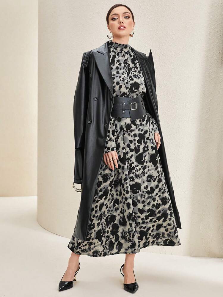 Allover Print Mock Neck Lantern Sleeve Dress Without Belt