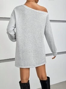 SHEIN Essnce Building & Slogan Graphic Asymmetrical Neck Drop Shoulder Sweatshirt Dress - Light Grey - View 2