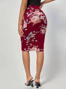 SHEIN Clasi 印花鉛筆裙 - 酒紅色 - 查看 2