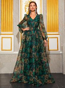 YISIKADO Allover Print Lantern Sleeve Chiffon Dress Elegant Long Sleeve Formal Evening Prom Wedding Guest Gown, For Graduation, Dinner - Multicolor - View 1