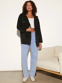 SHEIN BASICS 翻蓋口袋落肩袖抽繩連帽外套 - 黑色 - 查看 3