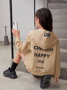 SHEIN Tween Girl Slogan Graphic Raglan Sleeve Hoodie