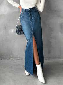 EURMUSE Split Thigh Denim Skirt - Medium Wash - View 1