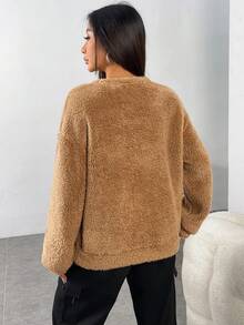 SHEIN EZwear Letter Patched Drop Shoulder Sweatshirt - Camel - View 4
