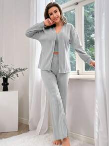 3pcs Solid Ribbed Knit Lounge Set - Light Grey - View 4