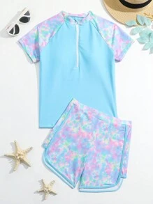 SHEIN Tween Girl Zipper Front Raglan Sleeve Tie Dye Top & Shorts Rashguard Summer Beach Summer Holiday