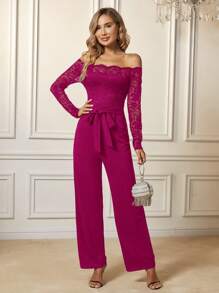 SHEIN Clasi Off Shoulder Lace Bodice Belted Jumpsuit - Red Violet - View 4