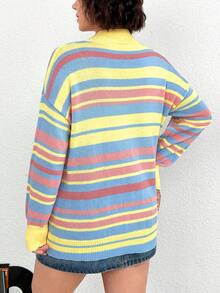 SHEIN EZwear 大碼條紋圖案落肩袖開襟衫 - 彩色 - 查看 2