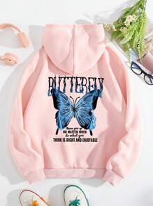 SHEIN EZwear Slogan & Butterfly Print Kangaroo Pocket Drawstring Thermal Hoodie - Baby Pink - View 1